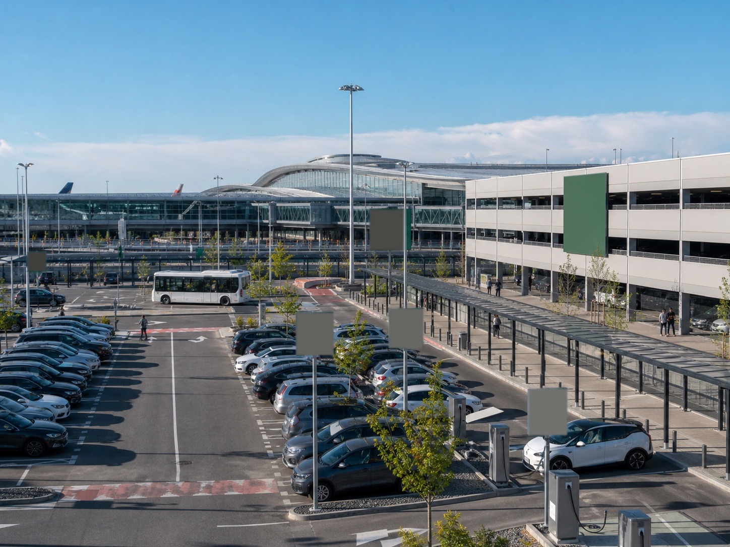 An organised European airport parking facility with electric vehicle charging
